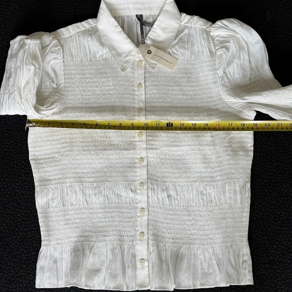 Anthropologie Smocked Puff Sleeve Blouse Womens Large Ivory Ruffle Romantic Boho